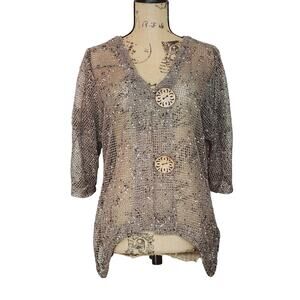 Lulu-B Women's Coastal Open Mesh Wood Button Boho Beachy Cardigan Sz SMALL